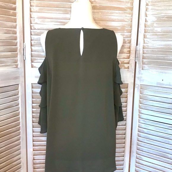 TOP WITH COLD SHOULDER & 3 TIER SLEEVE, OLIVE GREEN, 3/4 SLEEVES, TEXTURED - Picture 2 of 5